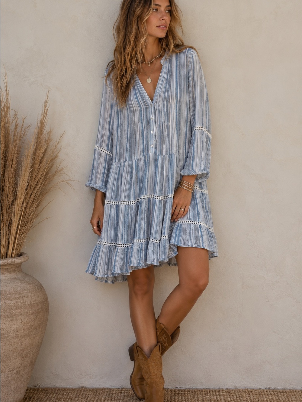 Dia & Co Light Blue Striped V-Neck Tiered Mini Dress